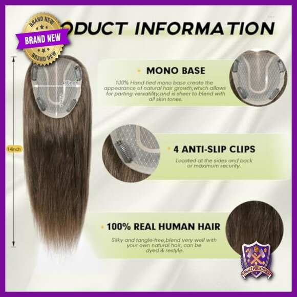 Hand-Tied Mono Top Hair Topper, 14 Inch Human Hair, Glueless Lightweight main image 4